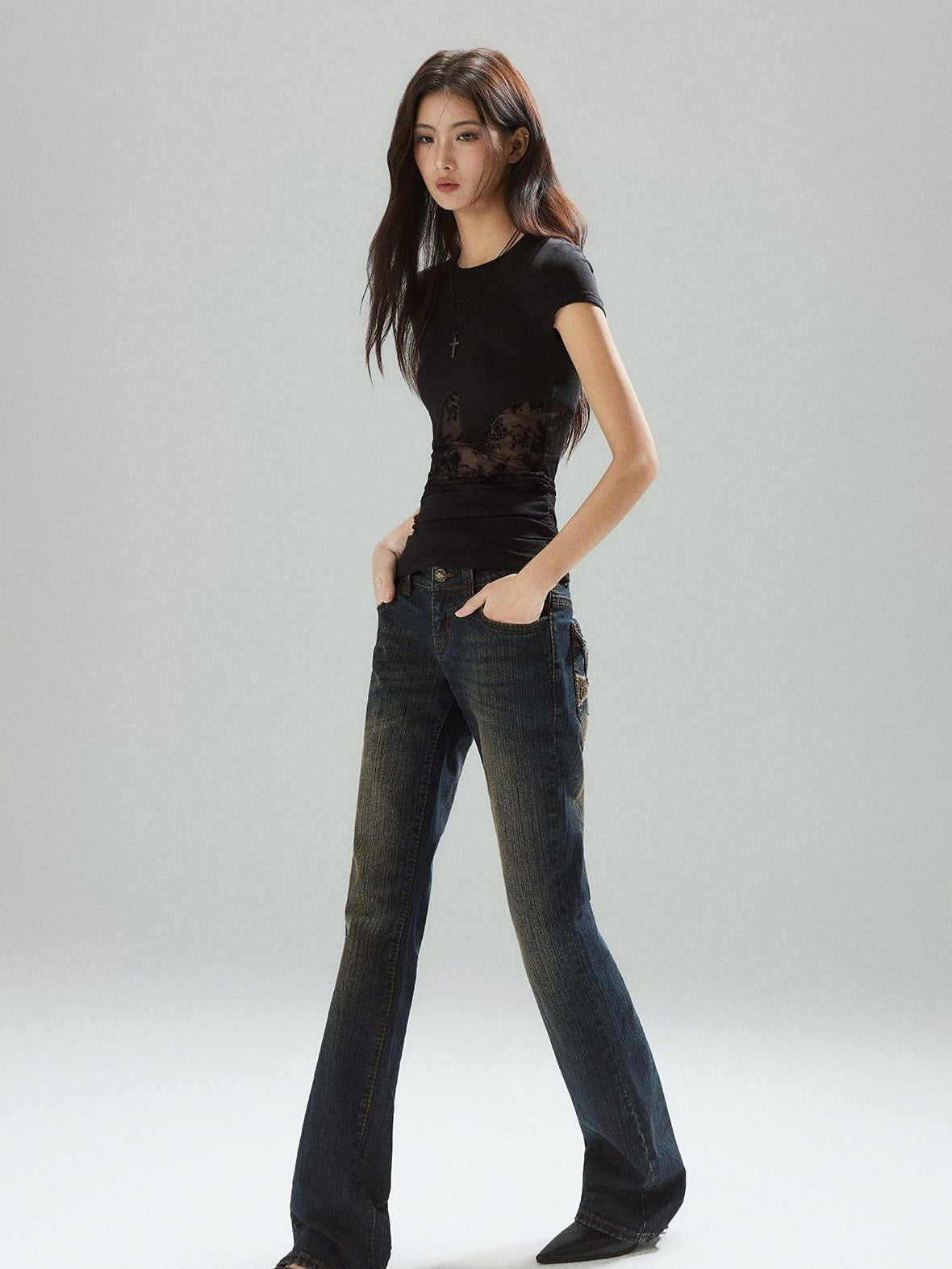 Low pixel Lyocell Slim Street Patchwork For Women Round Neck Short Sleeve T-Shirts