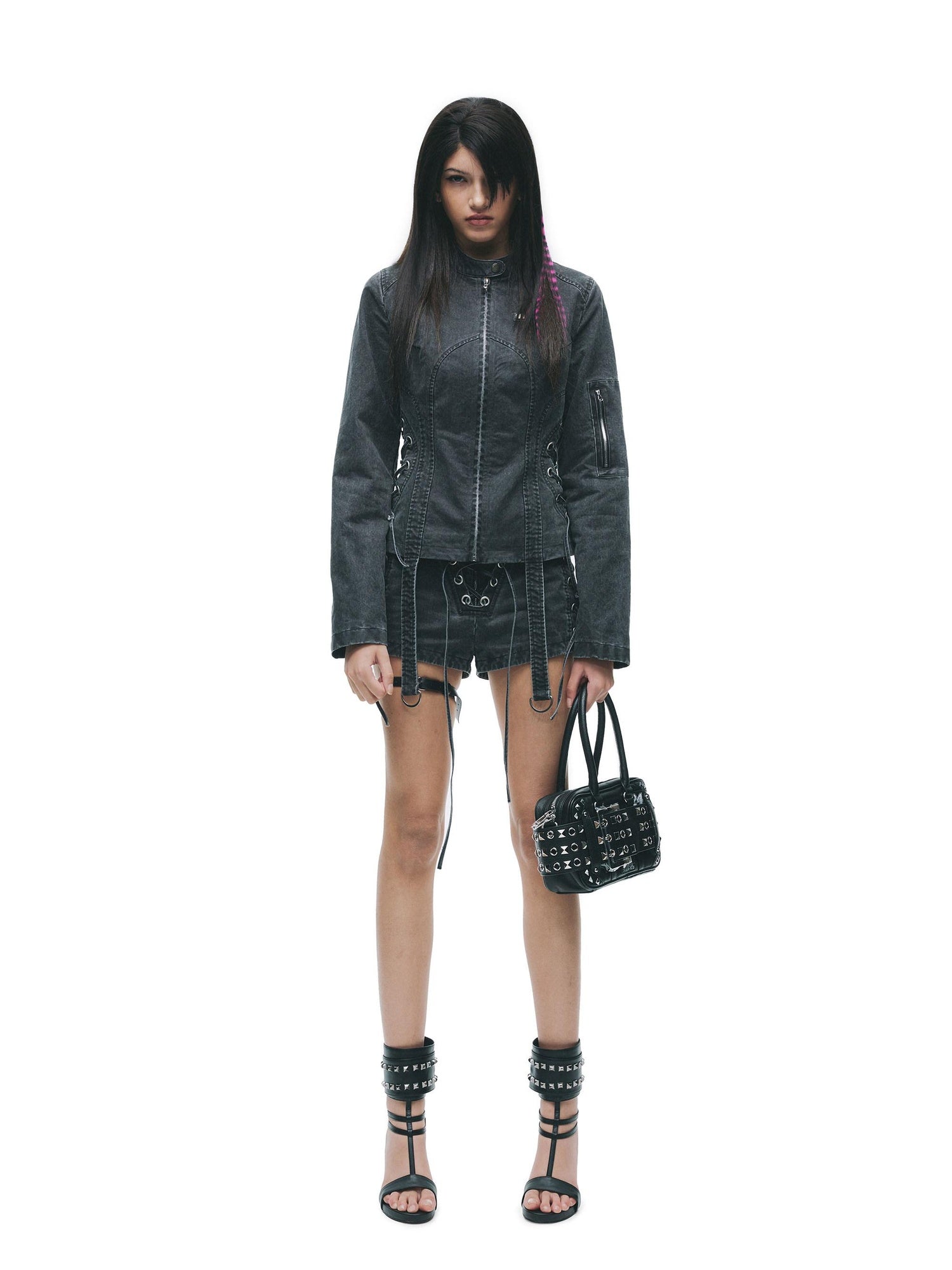 24ans Two Piece Long Sleeve Shorts Set For Women Black Gray Casual Denim Jackets