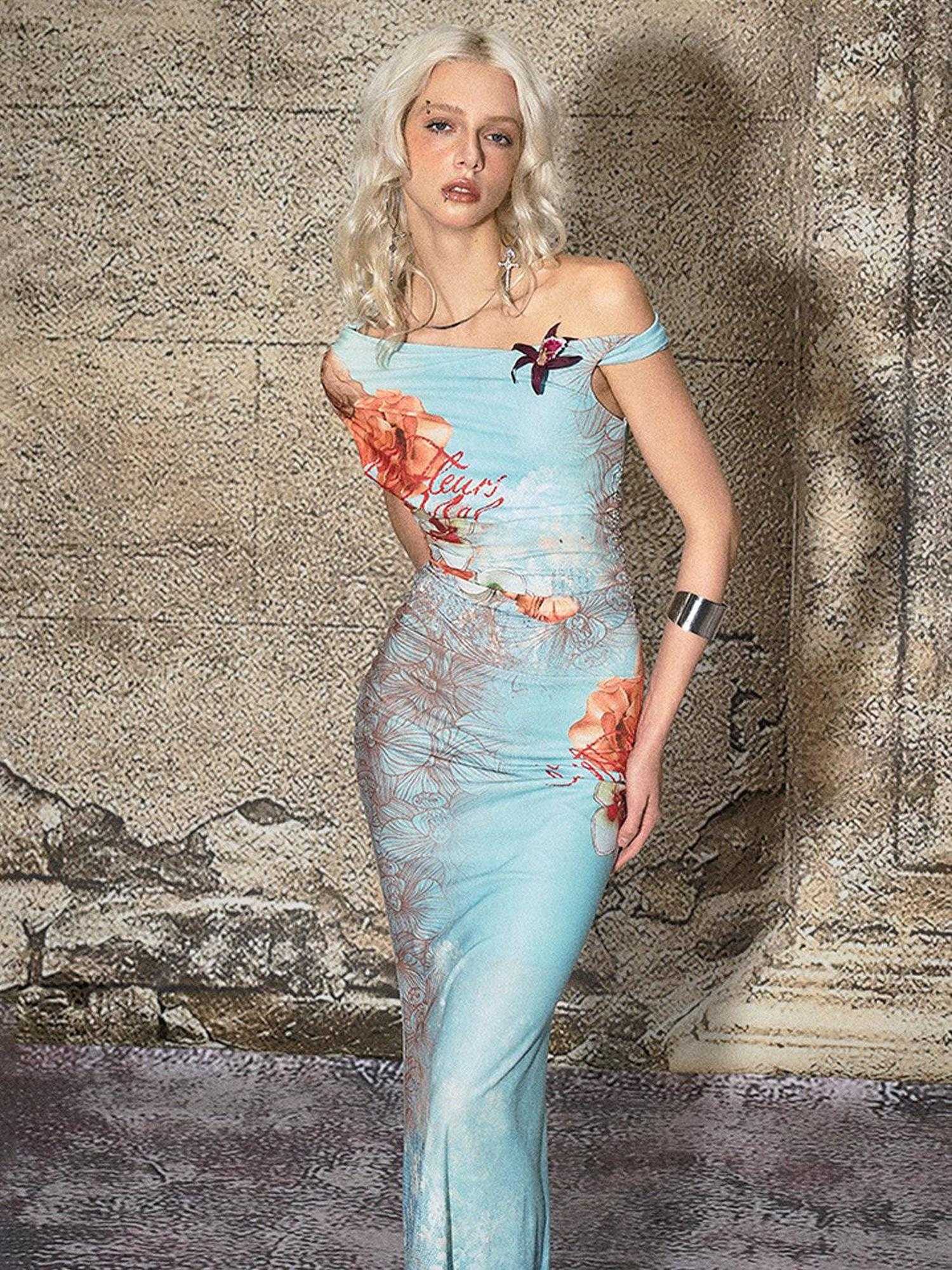 The NeverMore Elegant High Waist One Shoulder Mermaid Stretch Polyester Vacation Maxi Dresses