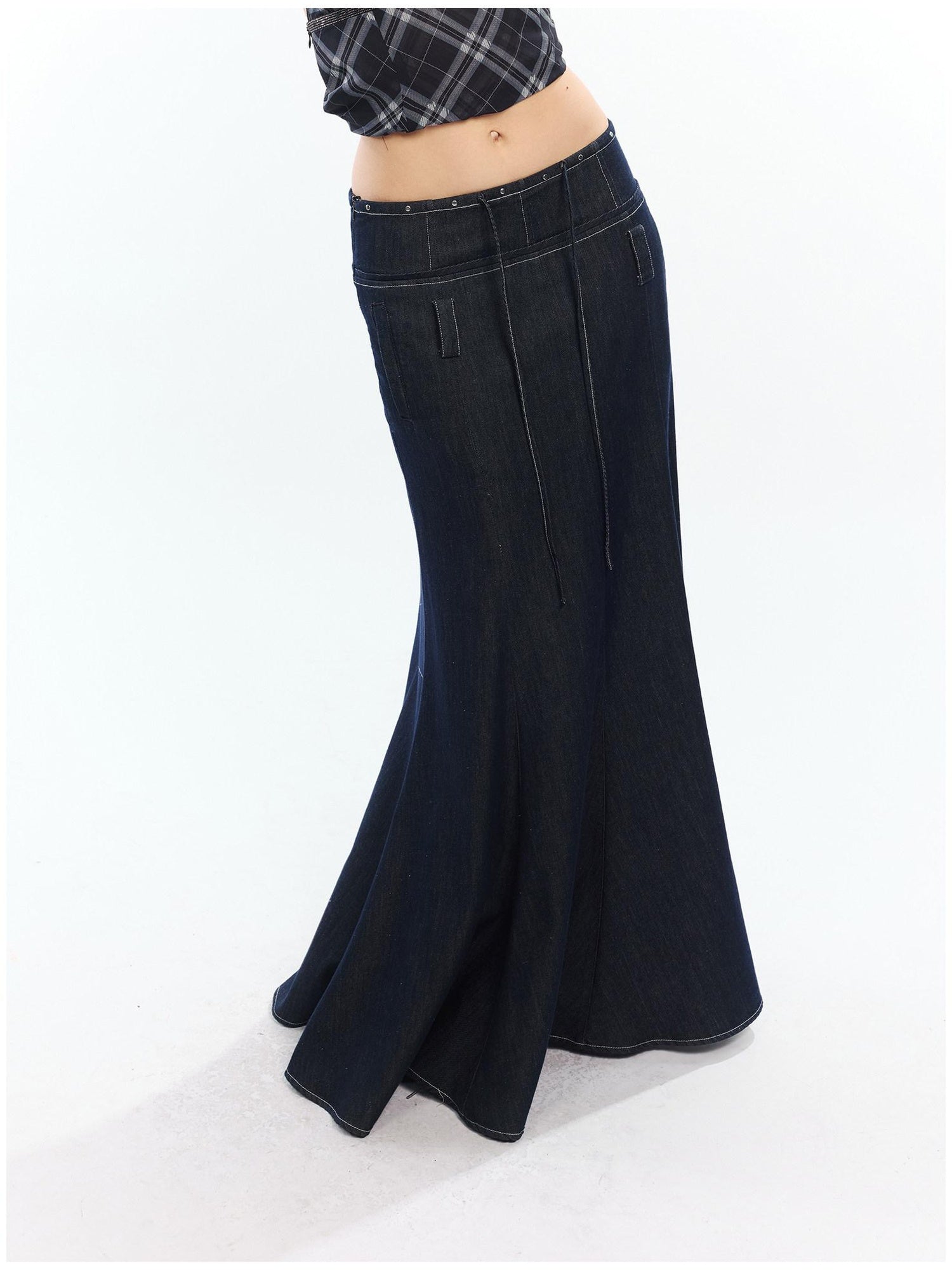 2th Desire High Waist Lyocell Cotton Patchwork Fishtail Tie Waist Women Maxi Skirts