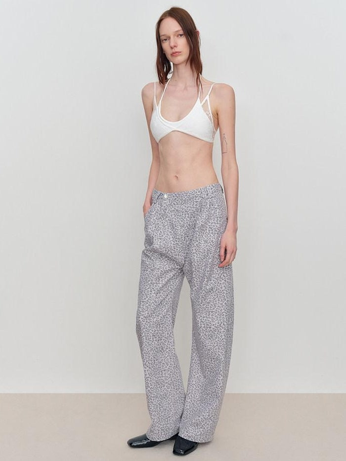 RUN TO THE FUTURE Leopard Print Asymmetric Zip Low Waist Blade Cut Women Wide-Leg Pants