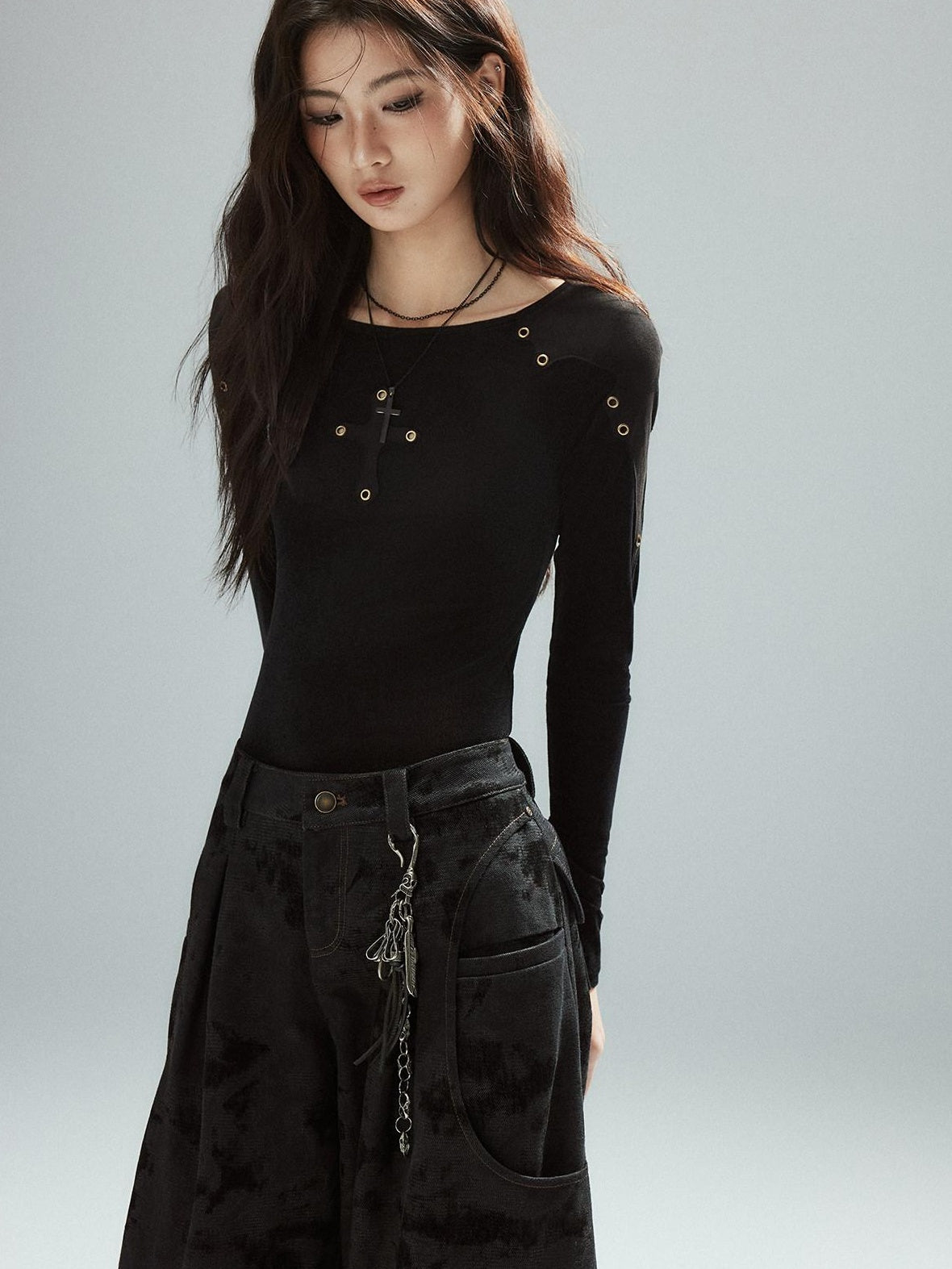 Low pixel Slim Fit Patchwork Casual Crewneck Black Stretch Young Women Long Sleeve T-Shirts