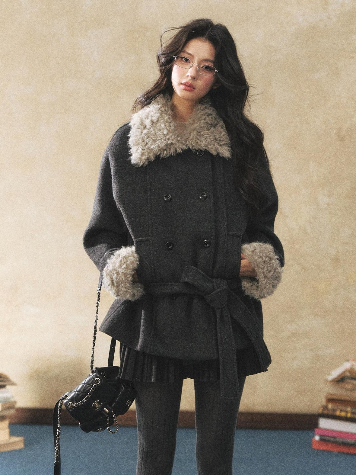 7Shiftin Warm Faux Fur Trim Casual Waist Double Breasted Women Deep Gray Short Coat