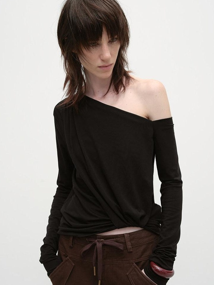 RUN TO THE FUTURE Moisture Wicking Lyocell Slim Asymmetric Neck Ruched Long Sleeve T-Shirts