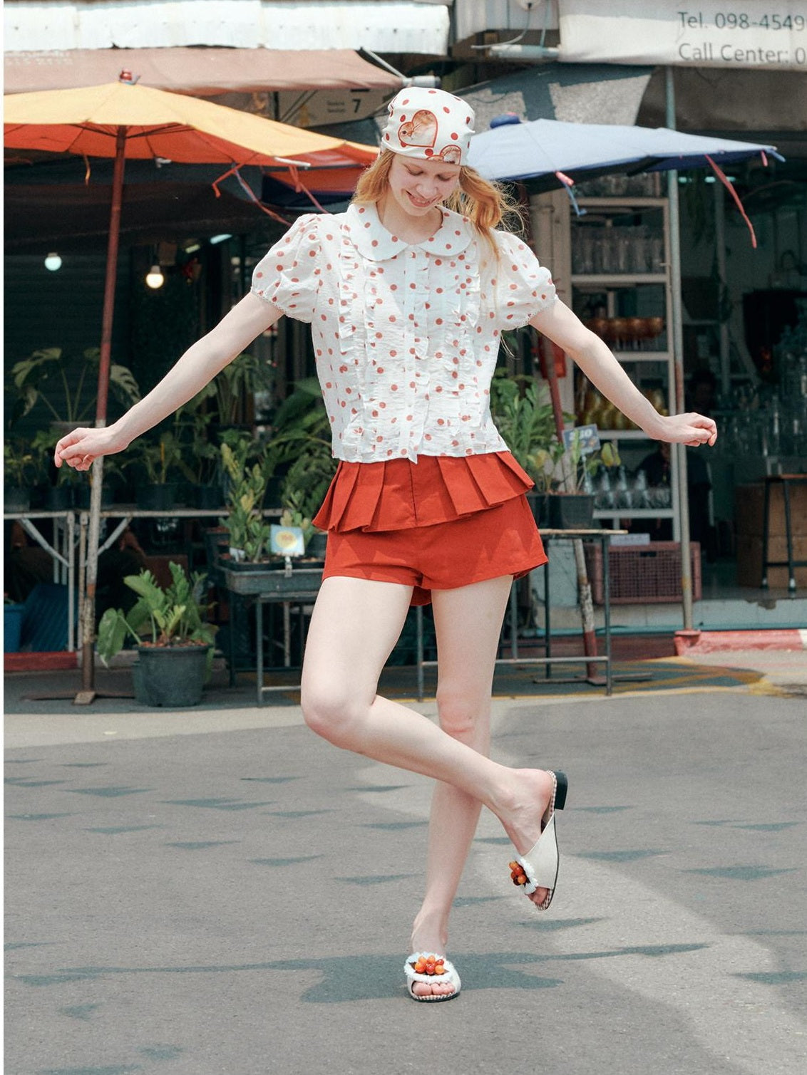 OuttheBlue Waist Cinch Ruffle Casual Puff Sleeve Doll Collar Polka Dot Women Shirts