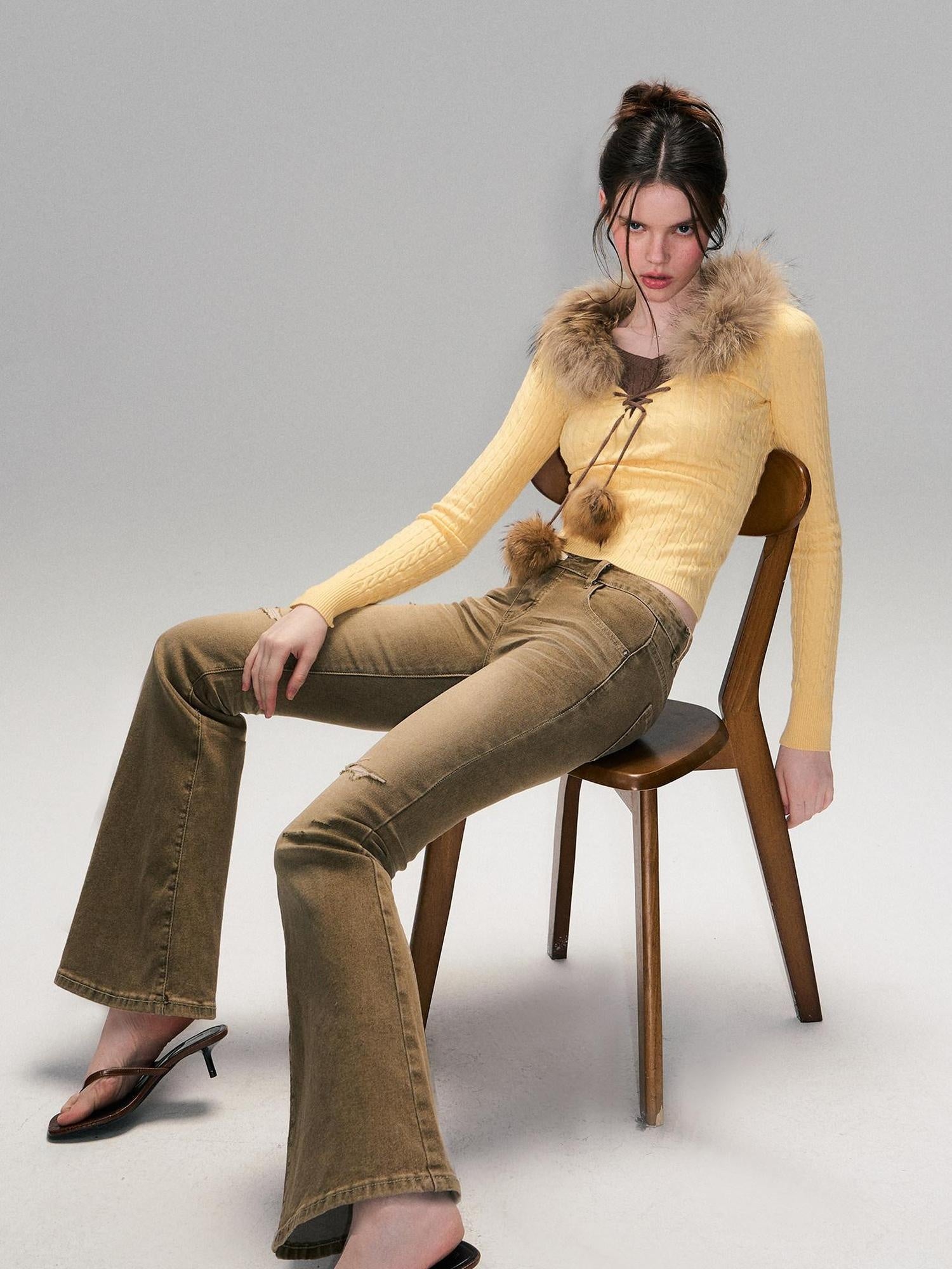The NeverMore Viscose Blend Slim Fit Faux Layered Cropped Knit Pullover Girls Yellow Sweaters