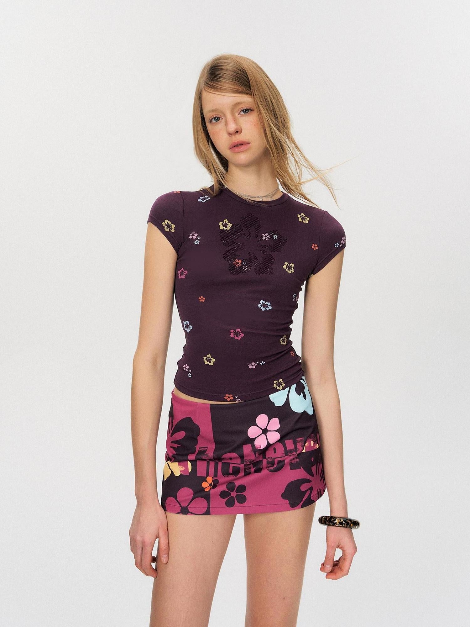 The NeverMore Low Waist Floral Print Straight Bodycon Women Purple White Polyester Mini Skirts