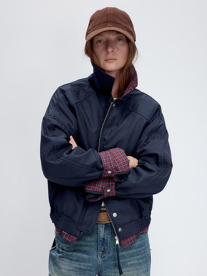 RUN TO THE FUTURE Retro Zipper Pocket Design Loose Fit Commuter Navy Solid Track Jackets