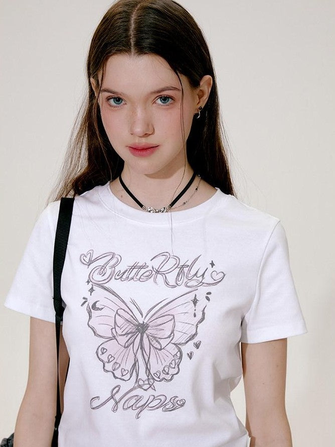 NAPSNAPS Hand Drawn Butterfly Print Slim Cropped Women&