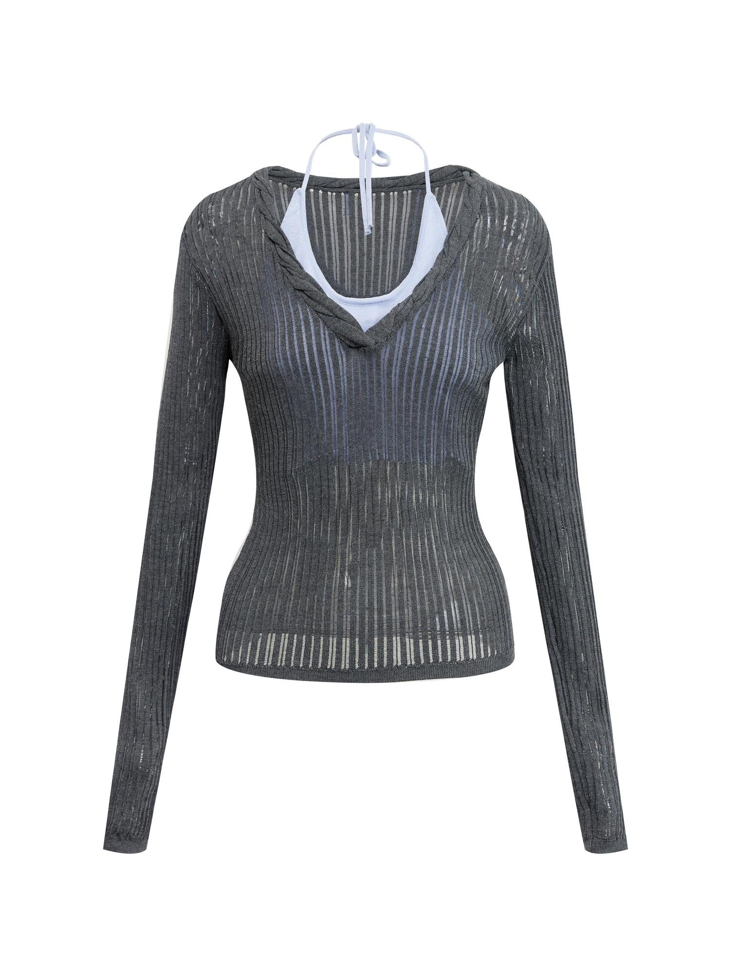 RUN TO THE FUTURE Antibacterial V-neck Slim Layered Knit Women Outdoor Gray Long Sleeve T-Shirts