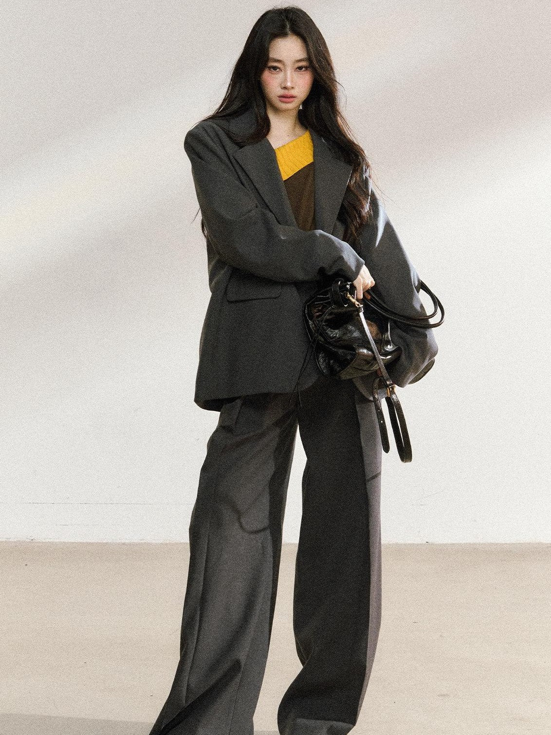 7Shiftin Light Polyester Relaxed Fit Midlength Longsleeve Women Office Dark Gray Blazers