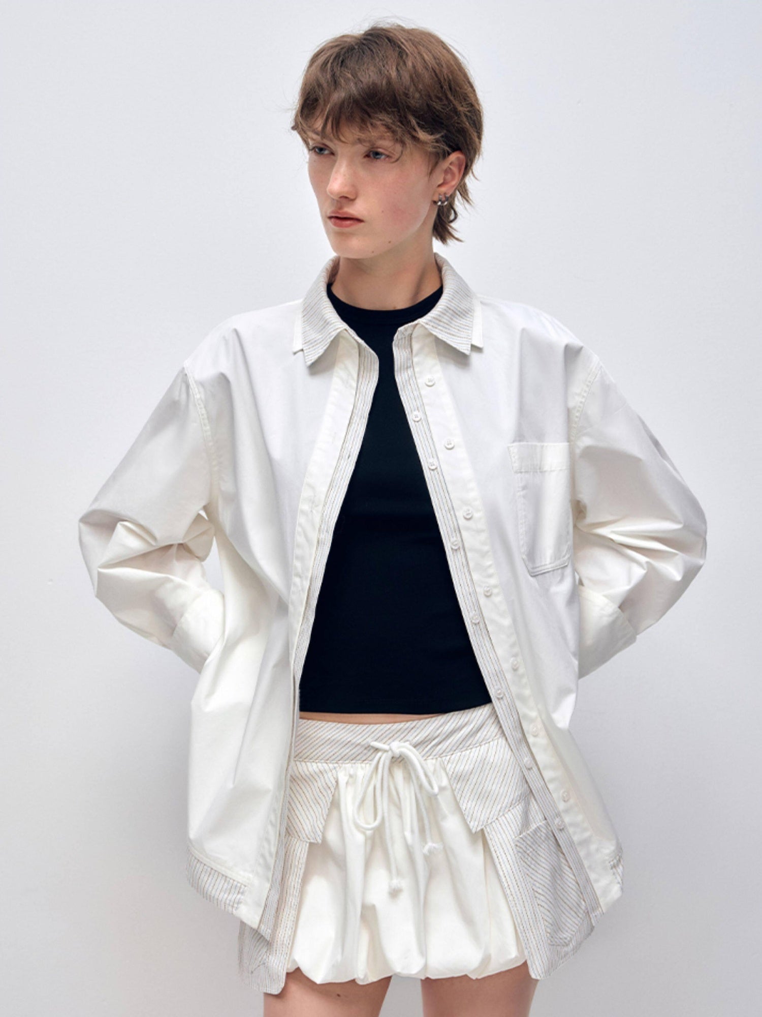 RUN TO THE FUTURE Cotton Long Sleeve Polo Button Minimalist Two Piece Women Antique White Shirts