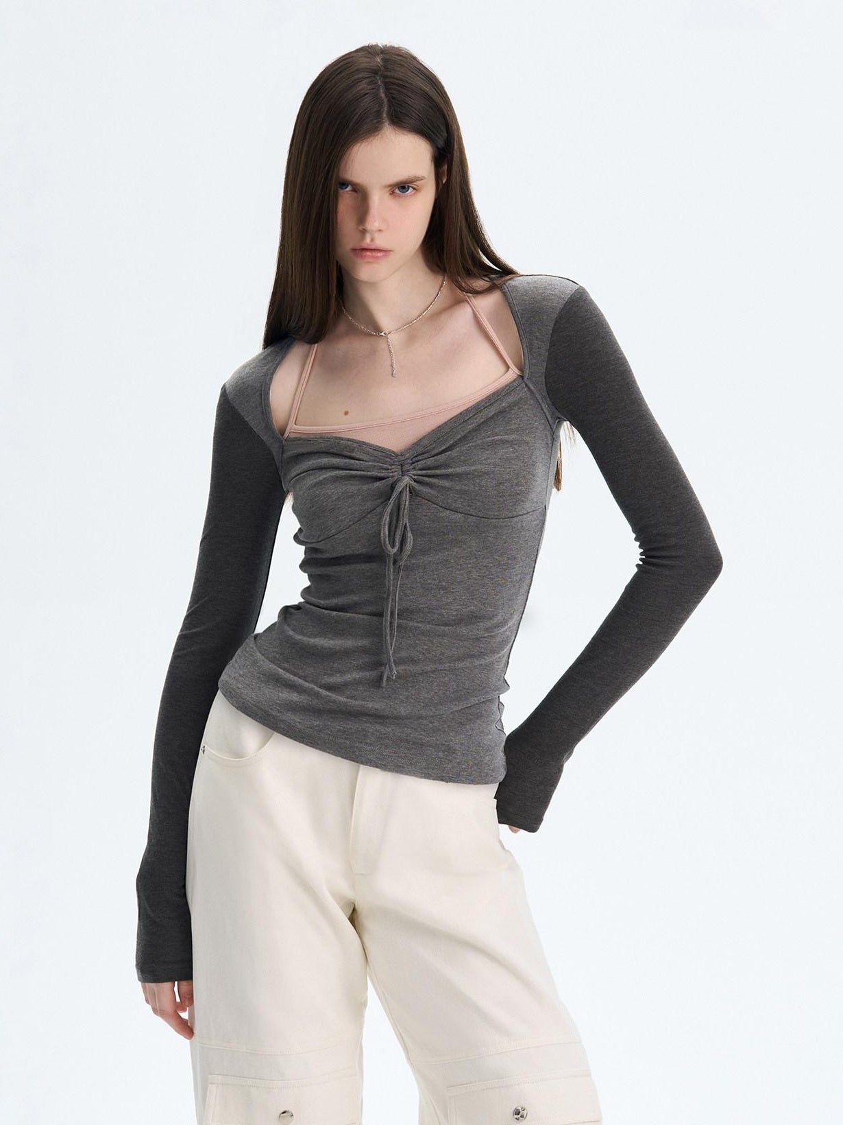 The NeverMore Soft Cotton Blend Printed Square Neck Fitted Women Long Sleeve Crop Tops