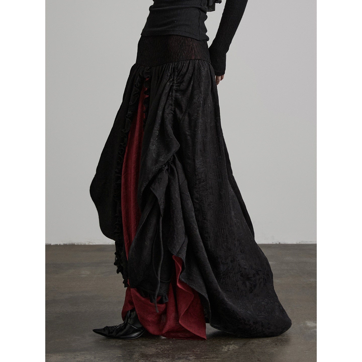 INDULGE Soft Comfy Rayon Ruffle Hem Gothic A Line Side Zipper Black Tiered Skirts