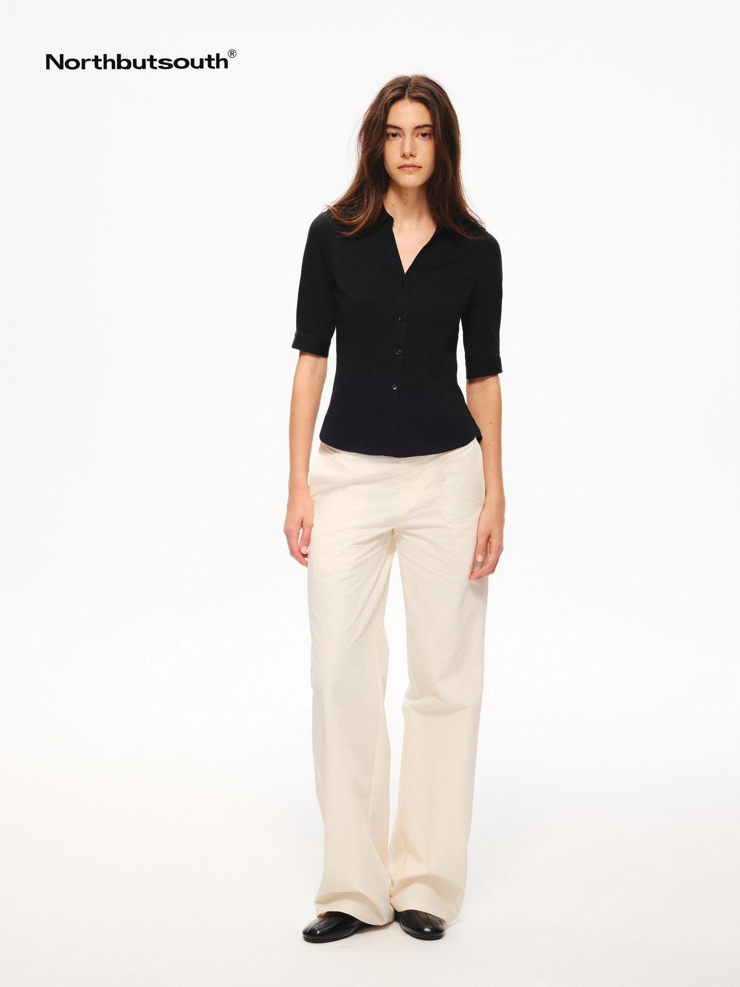 Northbutsouth Snowflake Texture Lightweight Slim Fit V-neck Mid Sleeve Women&