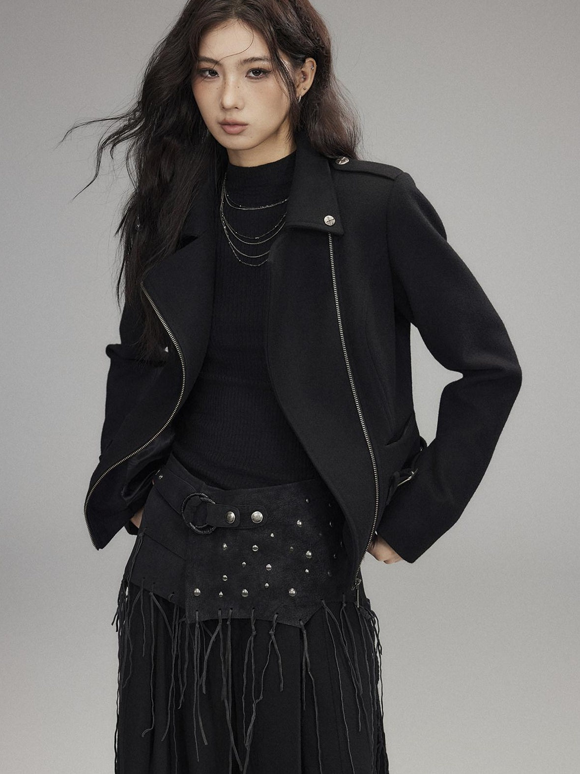 Low pixel Wool Blend Thick Slim Fit Street Euro Zip Front Black Cropped Jackets