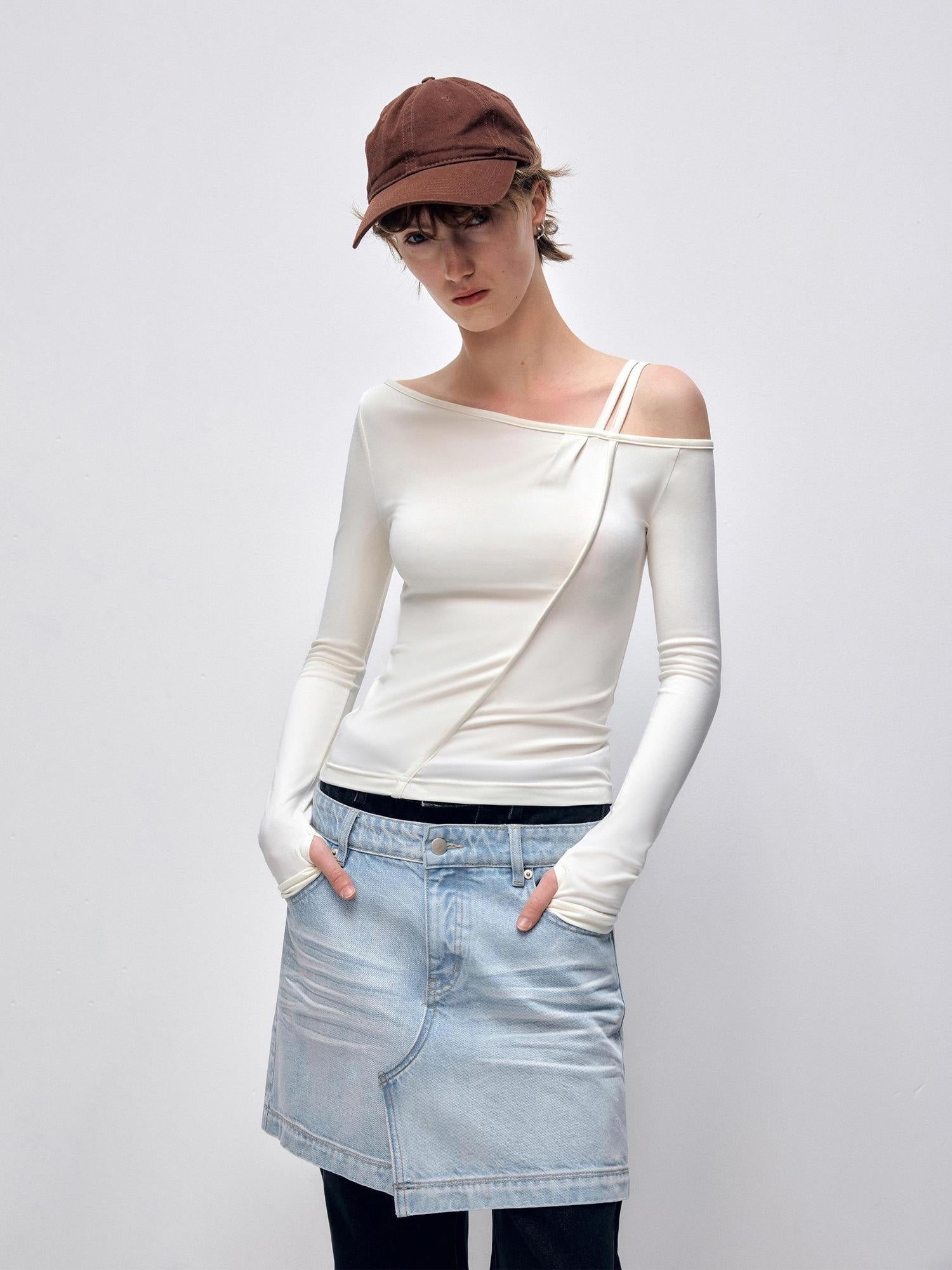 RUN TO THE FUTURE Quick Dry Modal Slim Asymmetric Neckline Cream Cropped Long Sleeve T-Shirts