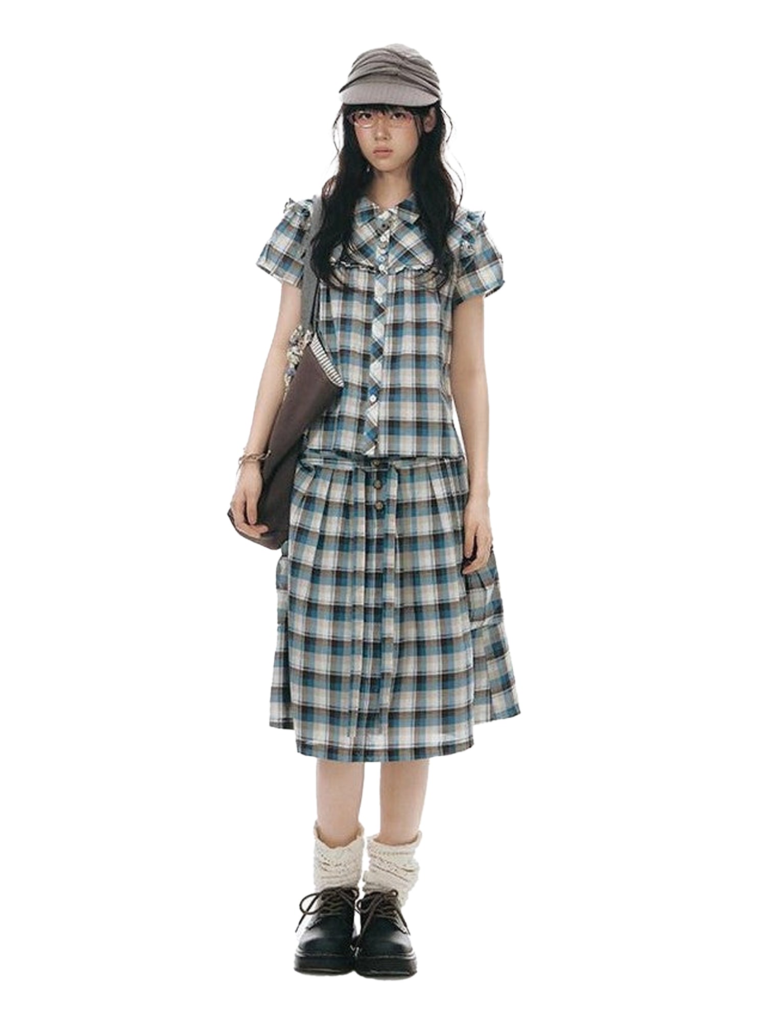 NAPSNAPS Blue Plaid Ruffle Puff Sleeve Button Tie Women&
