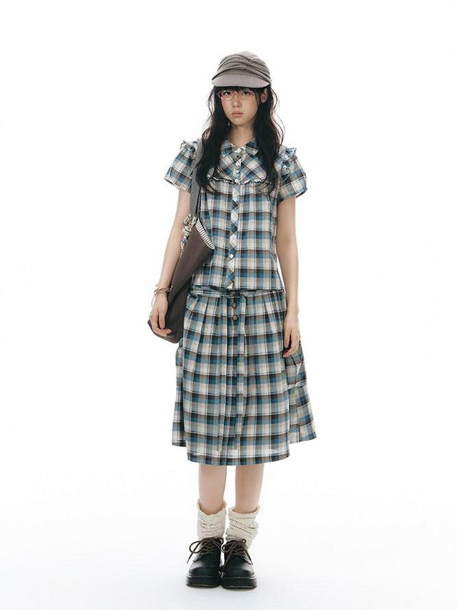 NAPSNAPS Blue Plaid Ruffle Puff Sleeve Button Tie Women&