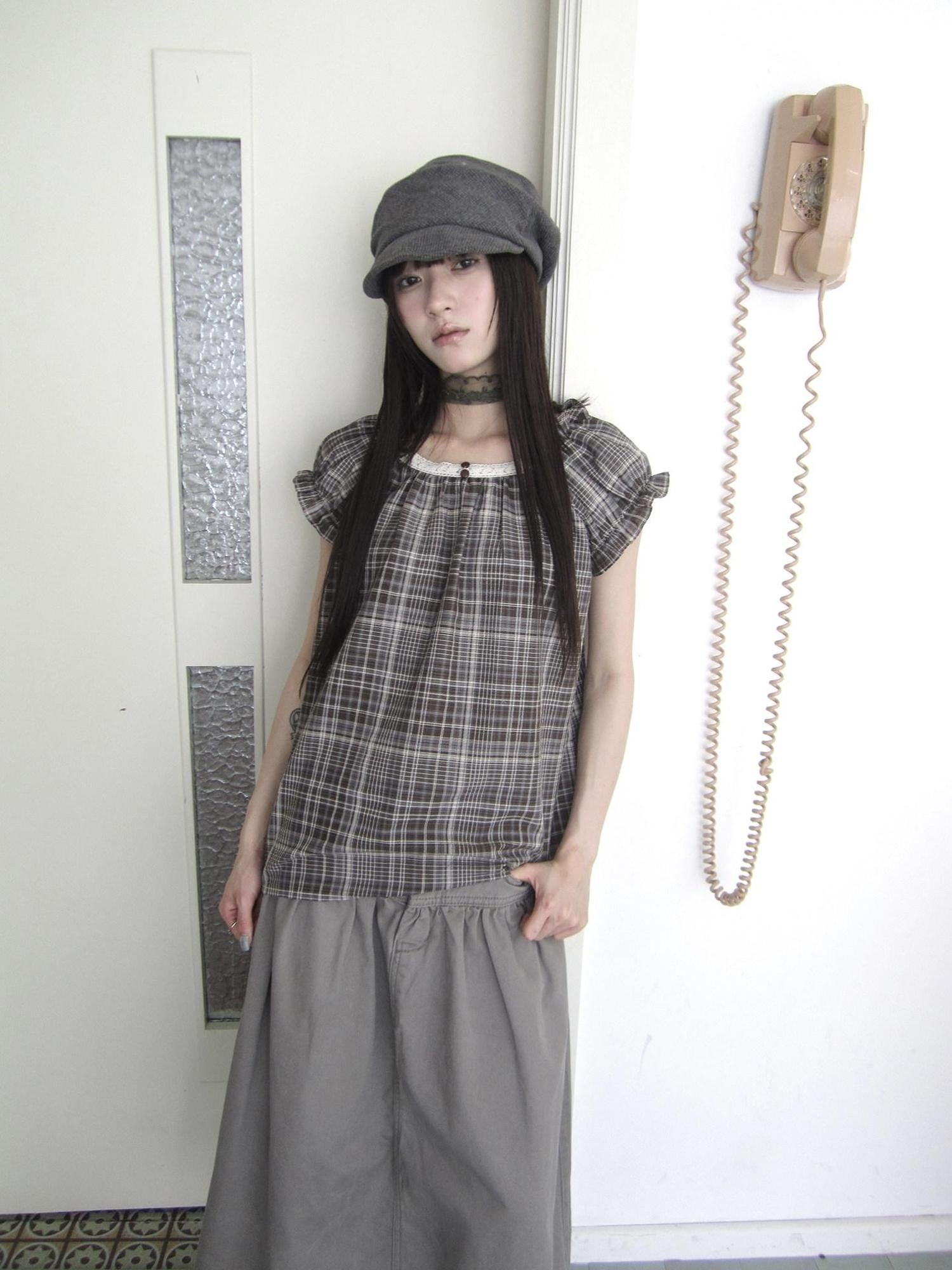 ang project Brown Plaid Patchwork Lace Trim Puff Sleeve Women&