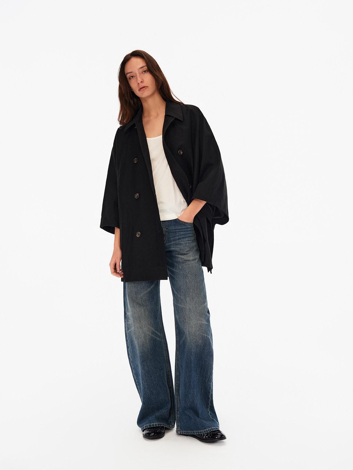 Northbutsouth Light Sheen Crinkle Double Breasted Batwing Women&