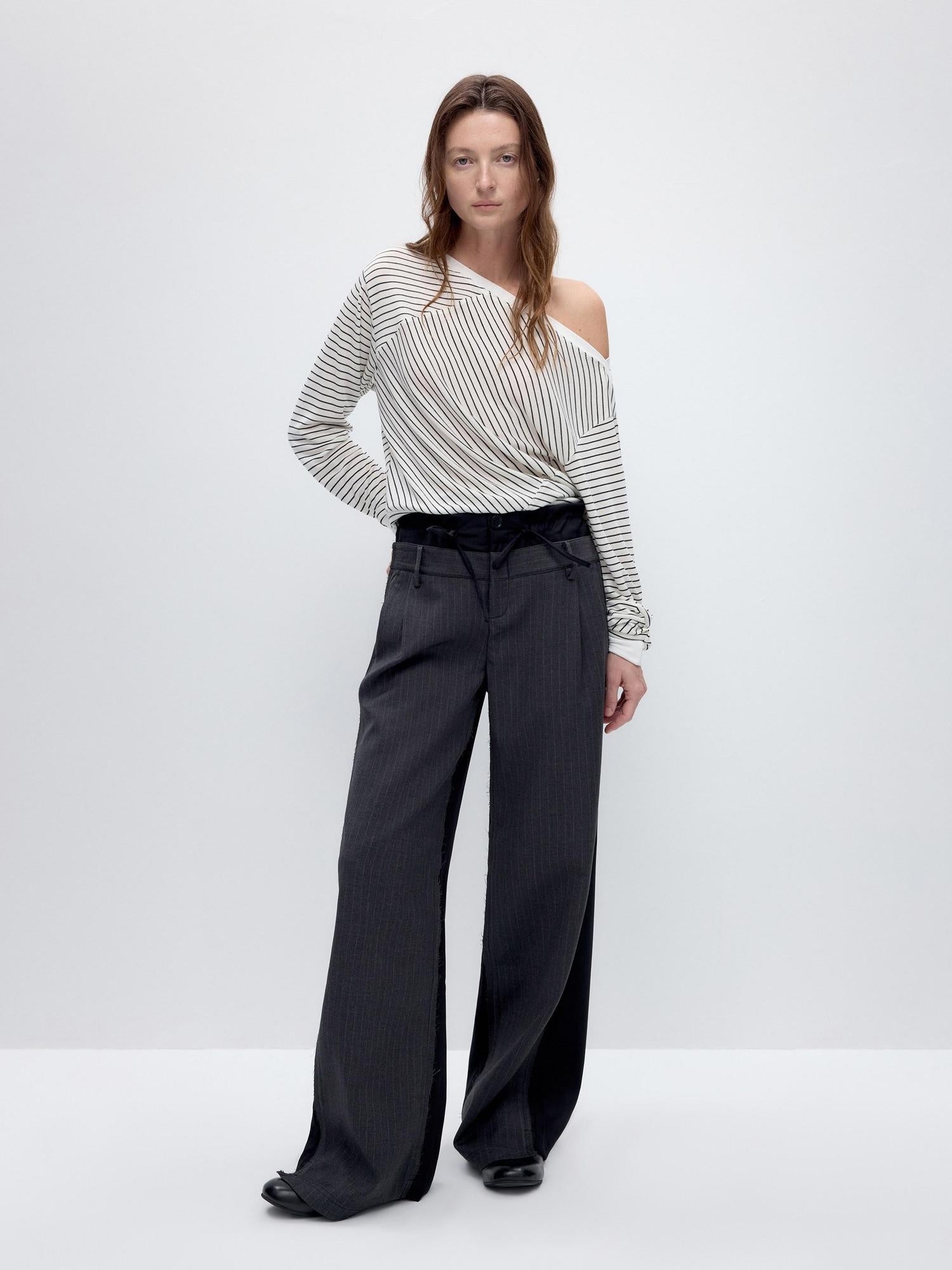 RUN TO THE FUTURE Double Waist Low Rise Pocketed Zipper Fly Women Black Gray Straight Pants