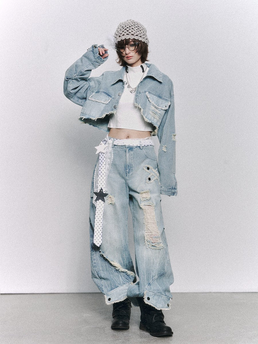 Frustration Garden Light Blue Washed Distressed Ripped Frayed Hem Women&