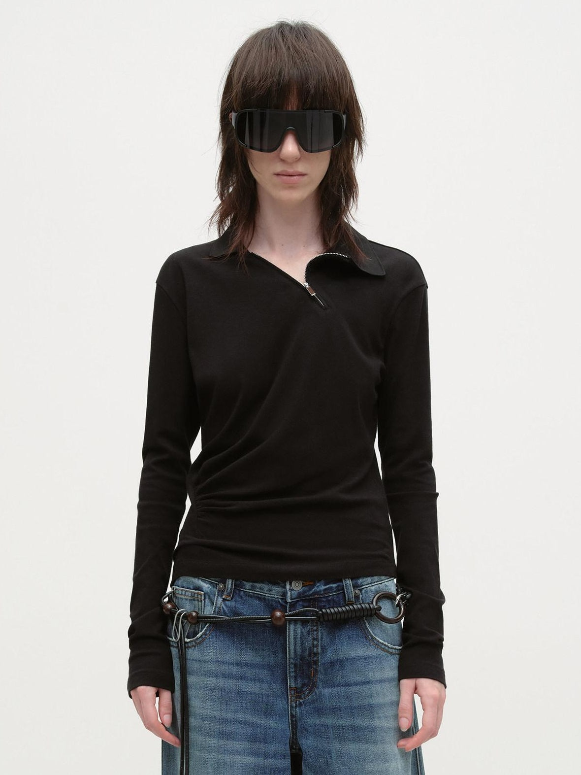 RUN TO THE FUTURE Zip Front Polo Slim Fit Classic Black Stretch Blend Long Sleeve T-Shirts