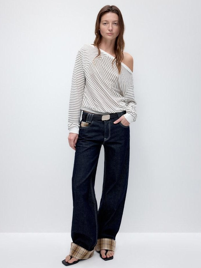 RUN TO THE FUTURE Washed Low Waist Wide Leg Loose Fit Casual Denim Indigo Straight Jeans