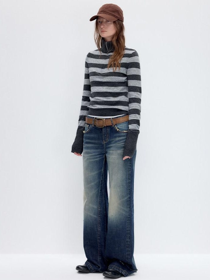 RUN TO THE FUTURE Washed Deep Navy Low Rise Loose Fit Casual Denim Wide Leg Straight Jeans