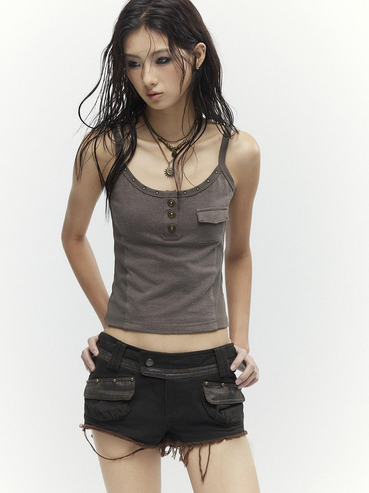 Low pixel Low Rise Khaki Patchwork Dark Aesthetic Slim Fit Cotton Zip Fly Mini Shorts