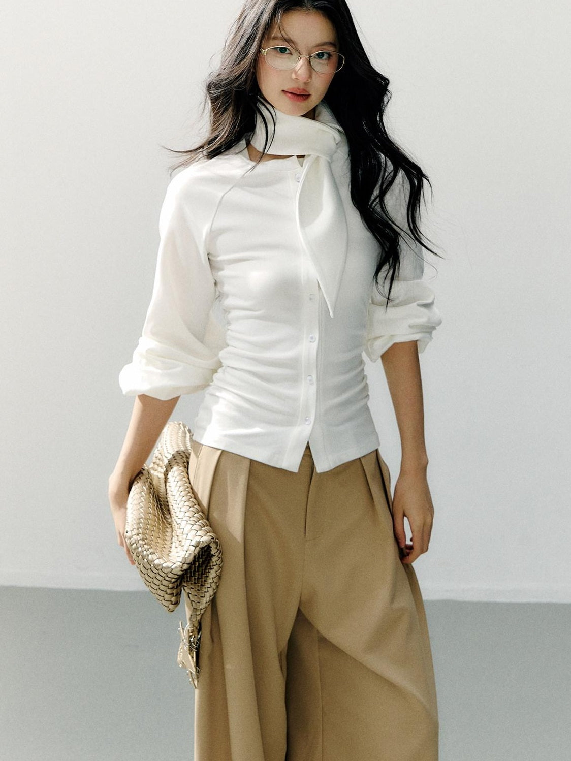 7Shiftin Cotton Bow Tie Fitted Waist Casual Cropped Long Sleeve Women White Blouses