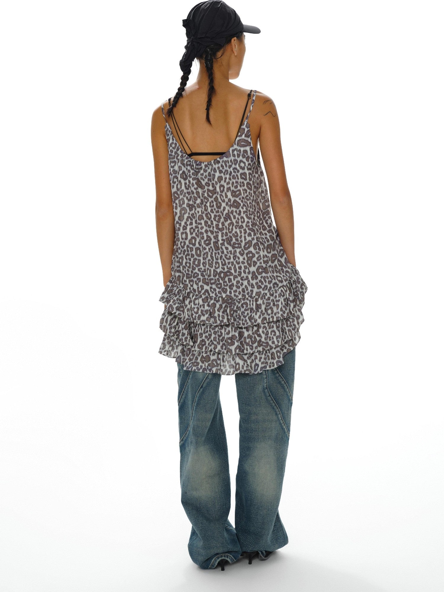 oinimi Leopard Print Ruffle Hem Adjustable Straps Women&