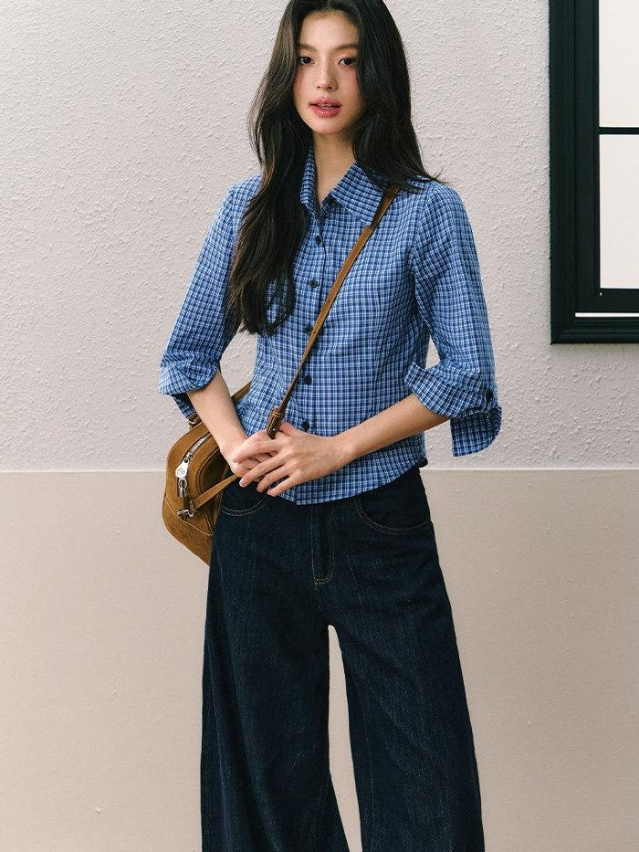 7Shiftin Dark Blue Non Stretch Natural Waist Casual Straight Cut Ladies Wide Leg Jeans