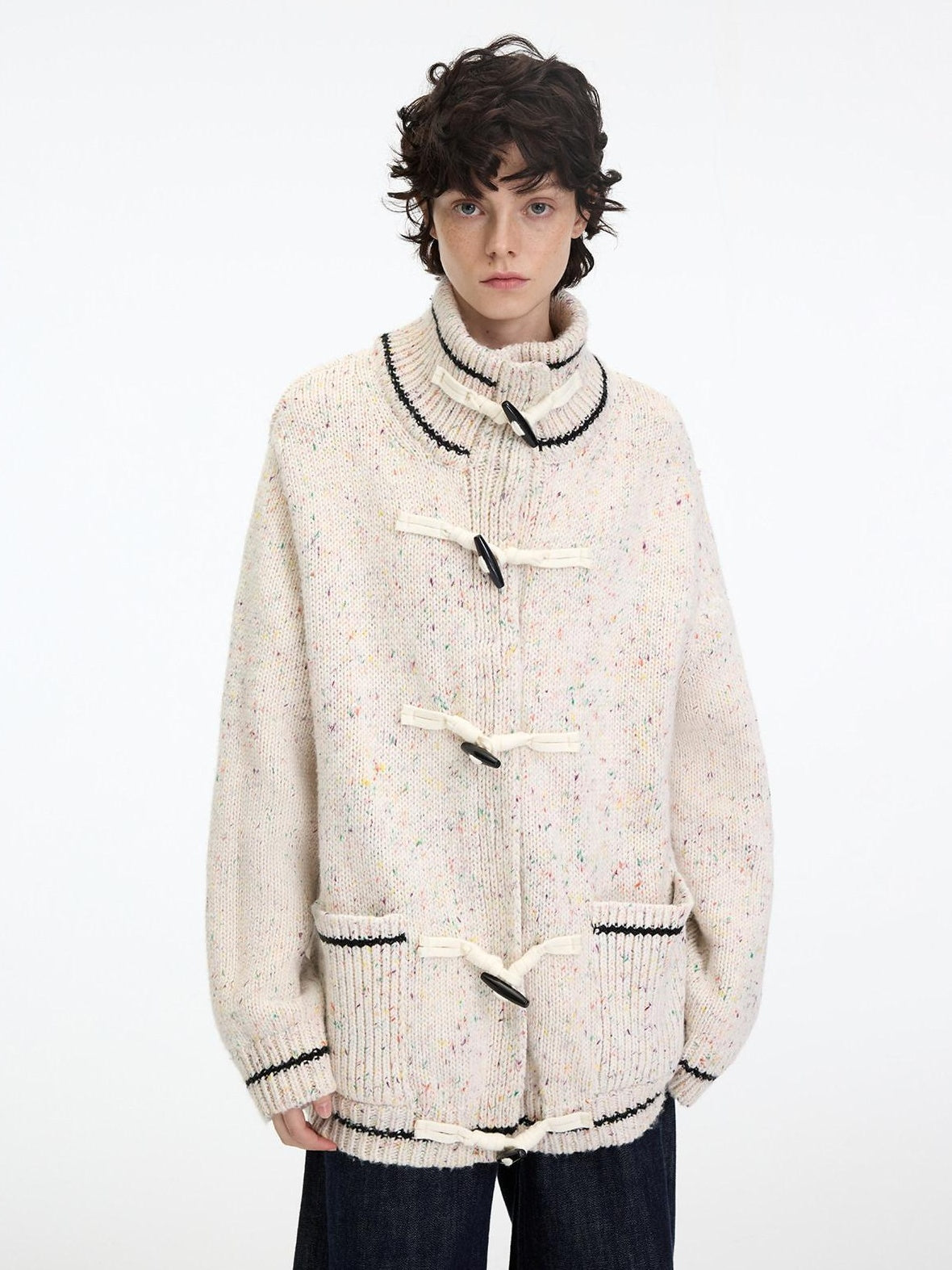 RUN TO THE FUTURE Viscose Wool Blend Button Cardigan Stand Collar Loose Fit Women Apricot Sweaters