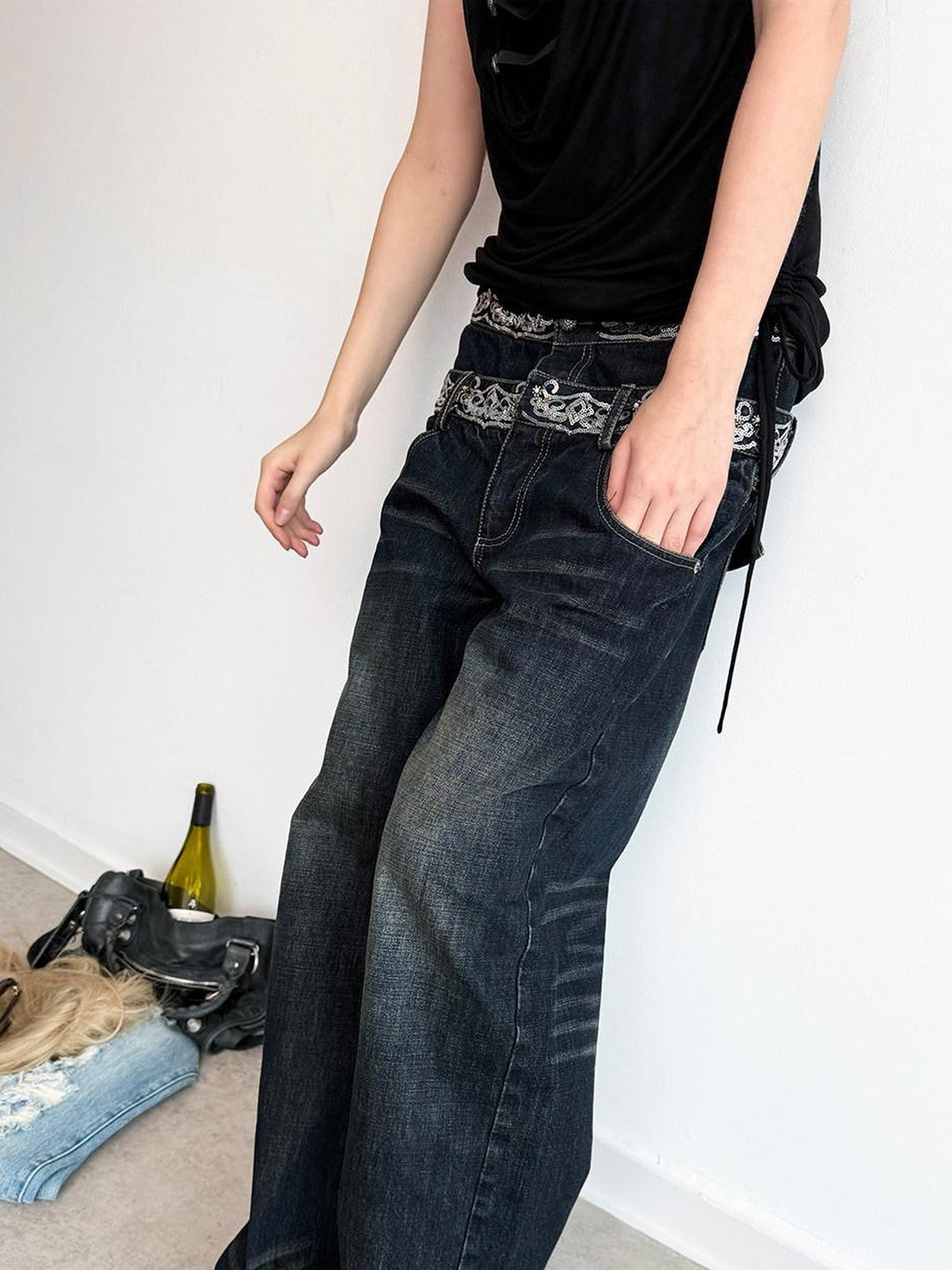 DoublePunch Sequin Embroidered Double Waistband Curved Cut Women&