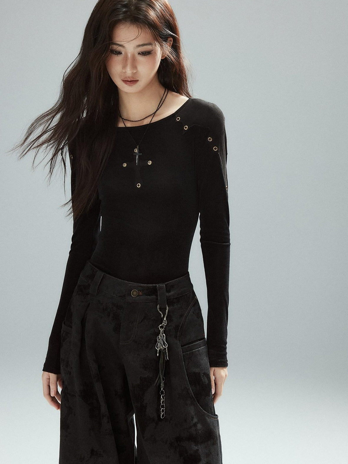 Low pixel Black Cotton Flocked Low Rise Loose Street Women Zip Fly Wide Leg Jeans