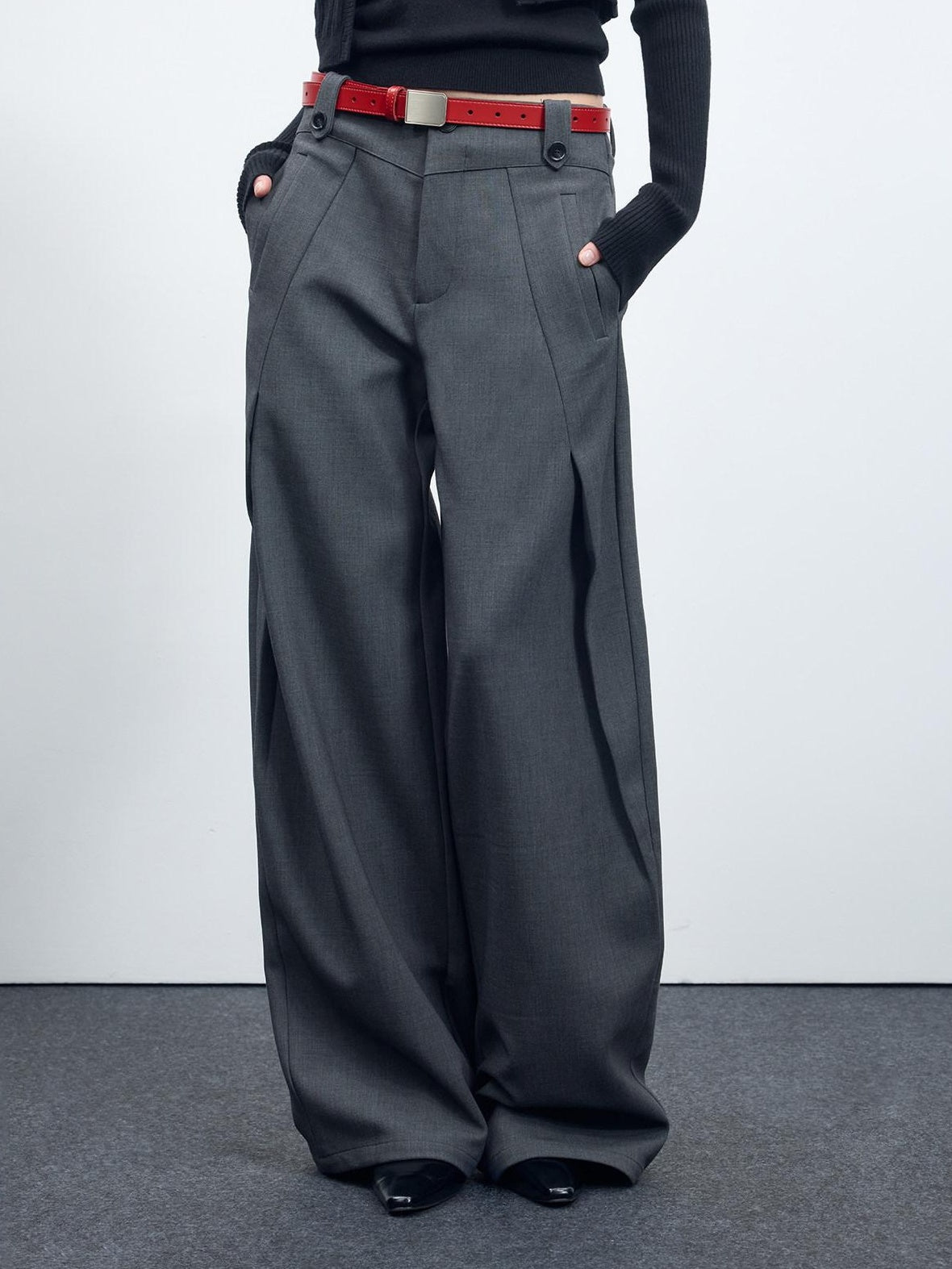 RUN TO THE FUTURE Flattering Mid Rise Minimalist Straight Cut Office Gray Black Wide-Leg Pants