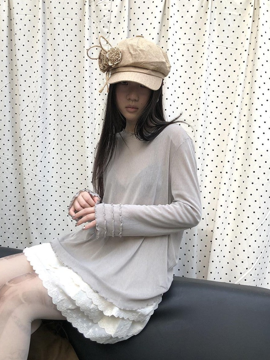 ang project Mocha Sheer Mesh Layered Ruffle Round Neck Women&