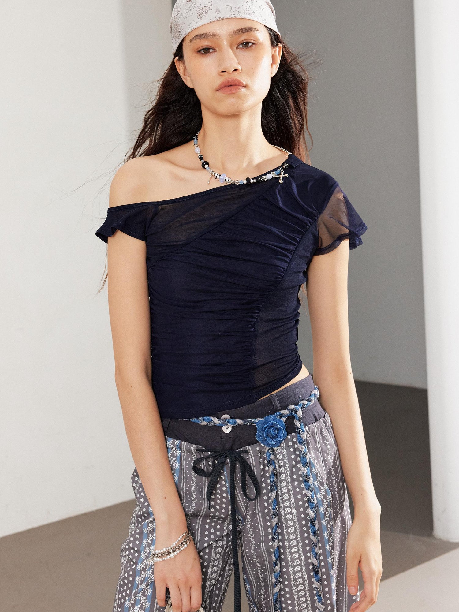 2th Desire Asym Detachable Necklace Mesh Ruffle Sleeve Fitted Tee