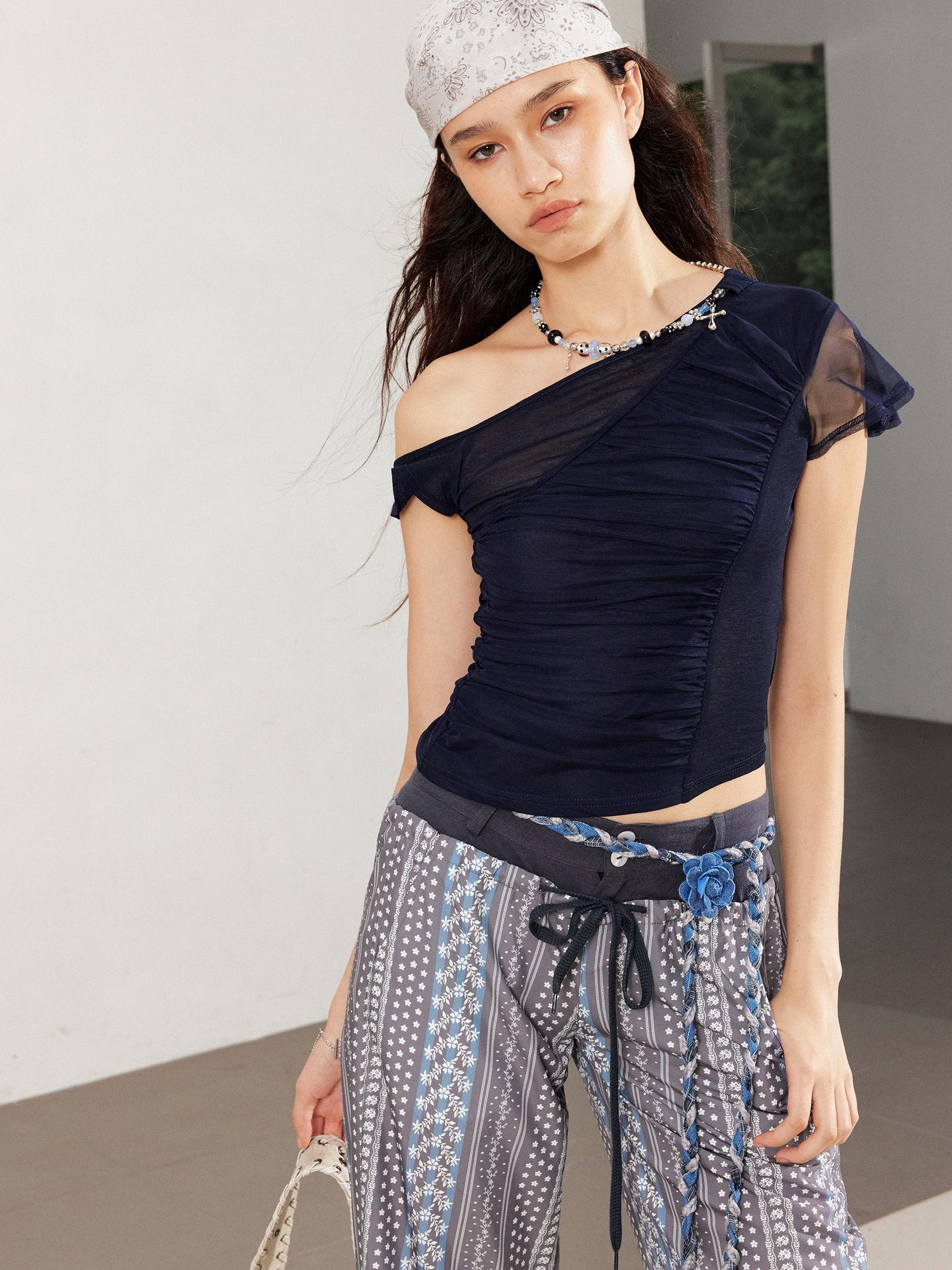 2th Desire Asym Detachable Necklace Mesh Ruffle Sleeve Fitted Tee