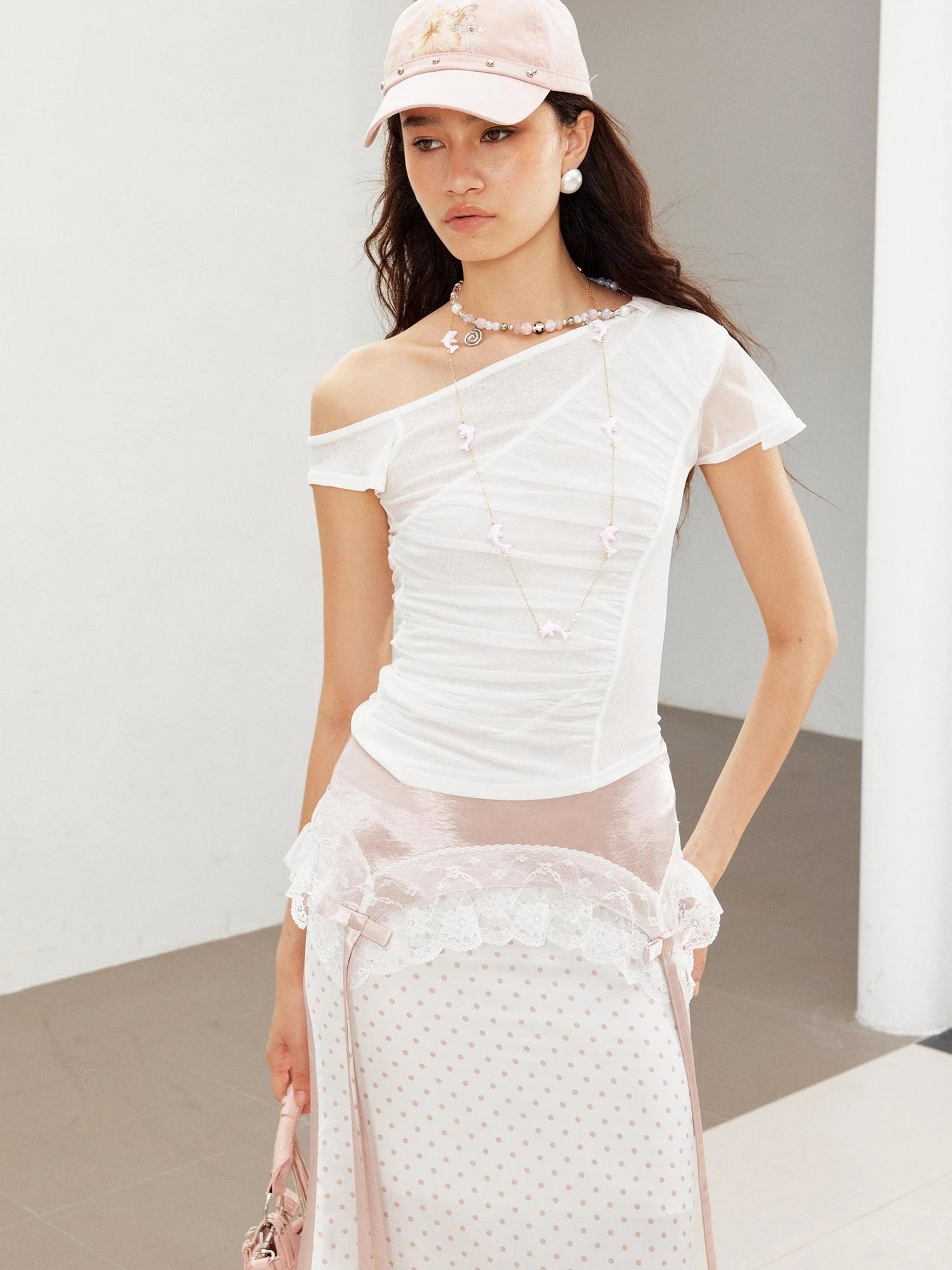 Asym Detachable Necklace Mesh Ruffle Sleeve Fitted Tee