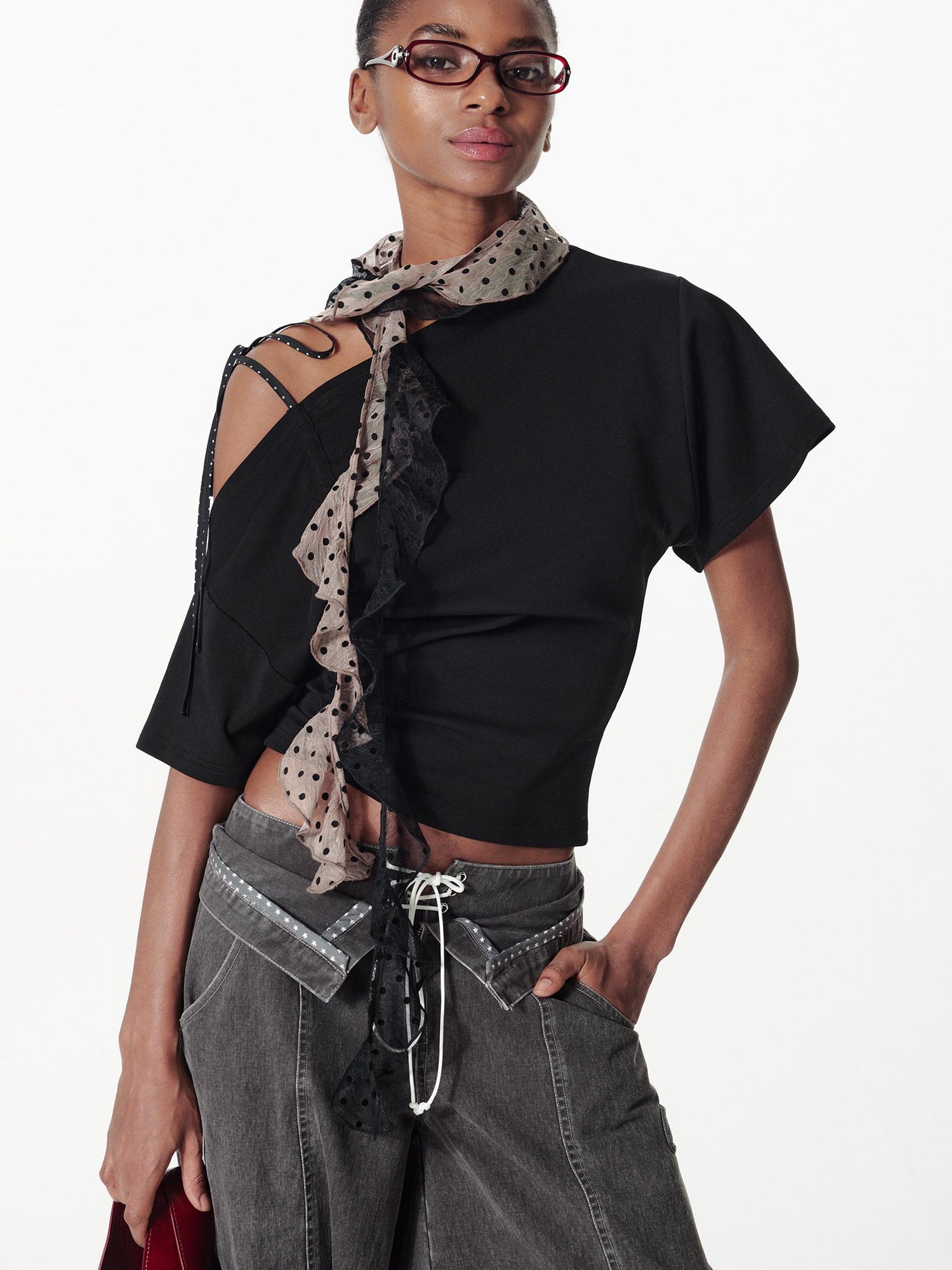 2th Desire Asymmetric Color Block Dot Tie Front Batwing Sleeve T Shirt