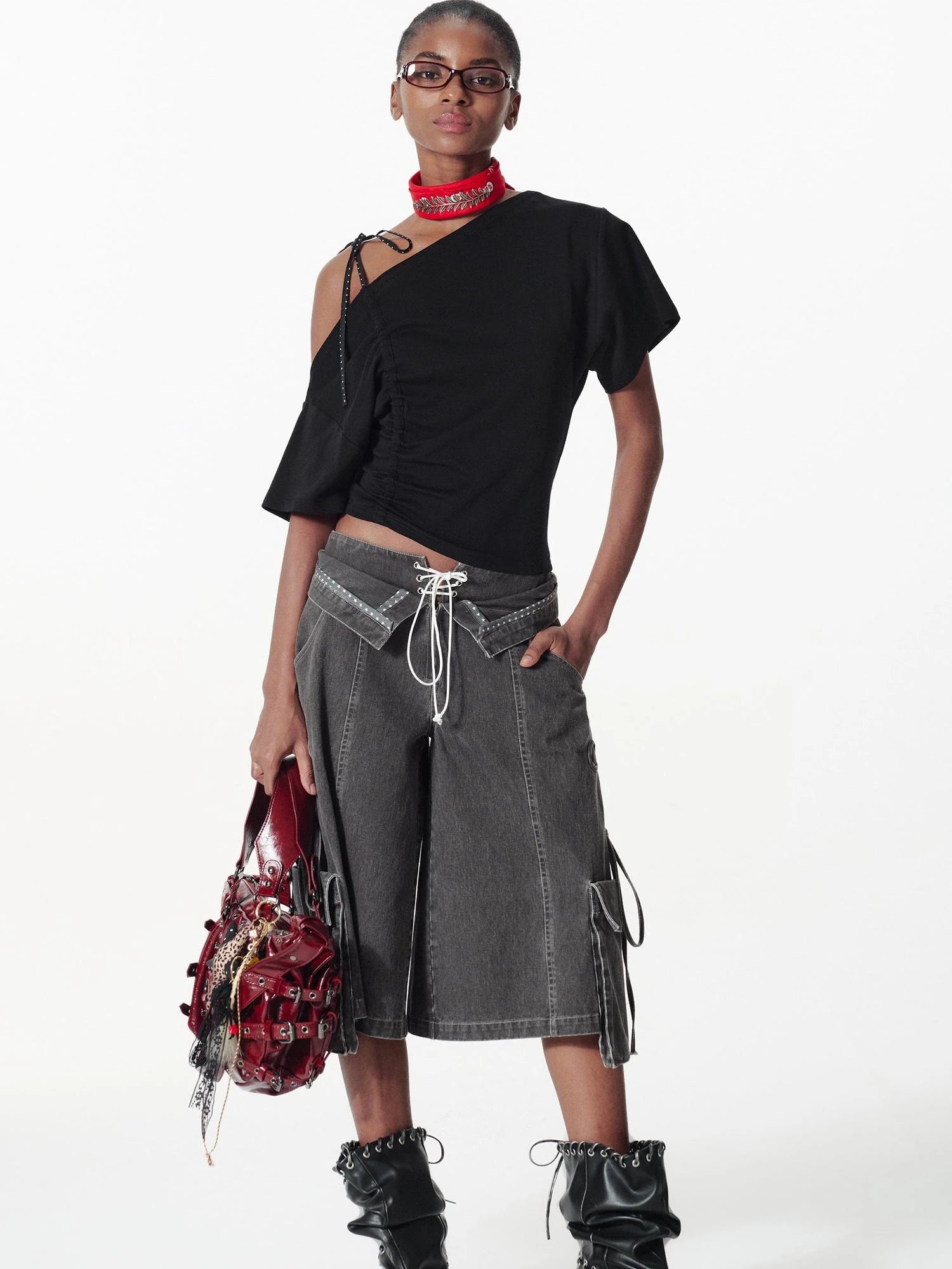 Asymmetric Color Block Dot Tie Front Batwing Sleeve T Shirt