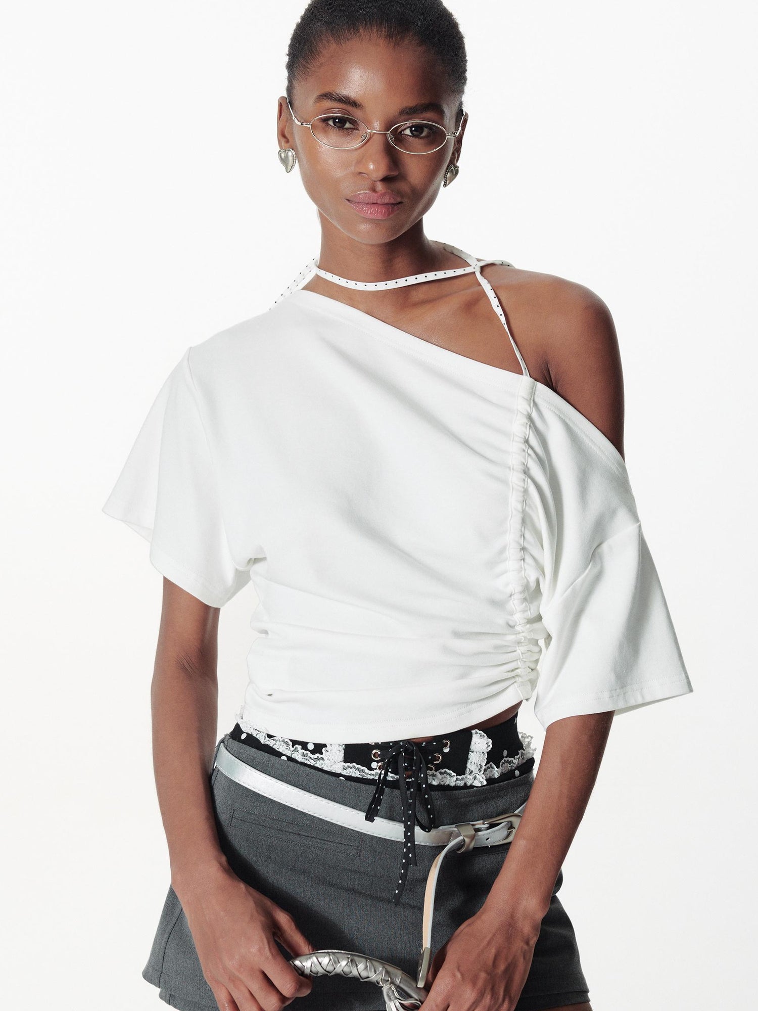 2th Desire Asymmetric Color Block Dot Tie Front Batwing Sleeve T Shirt