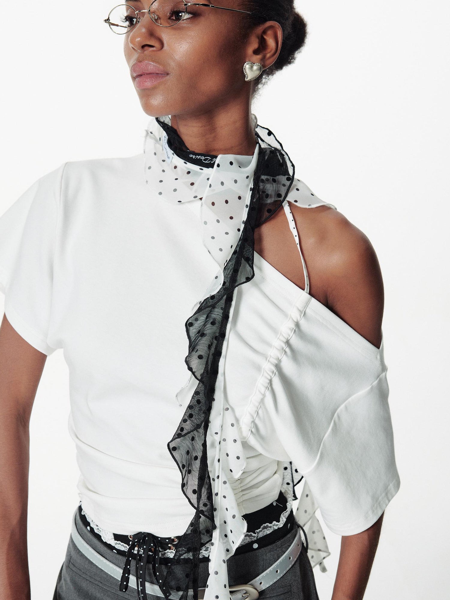 2th Desire Asymmetric Color Block Dot Tie Front Batwing Sleeve T Shirt