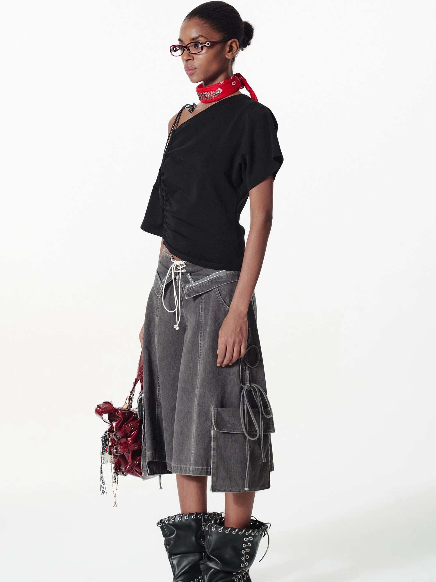 Asymmetric Color Block Dot Tie Front Batwing Sleeve T Shirt