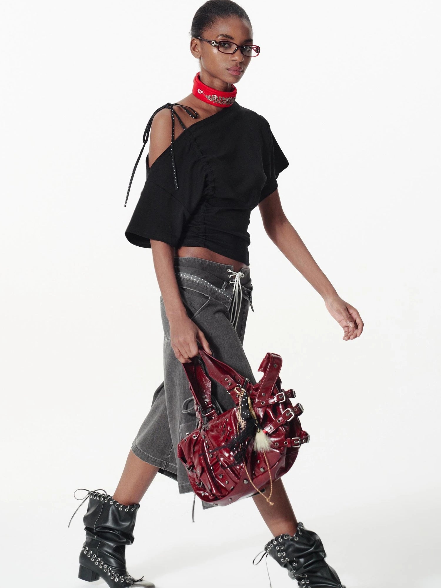 Asymmetric Color Block Dot Tie Front Batwing Sleeve T Shirt