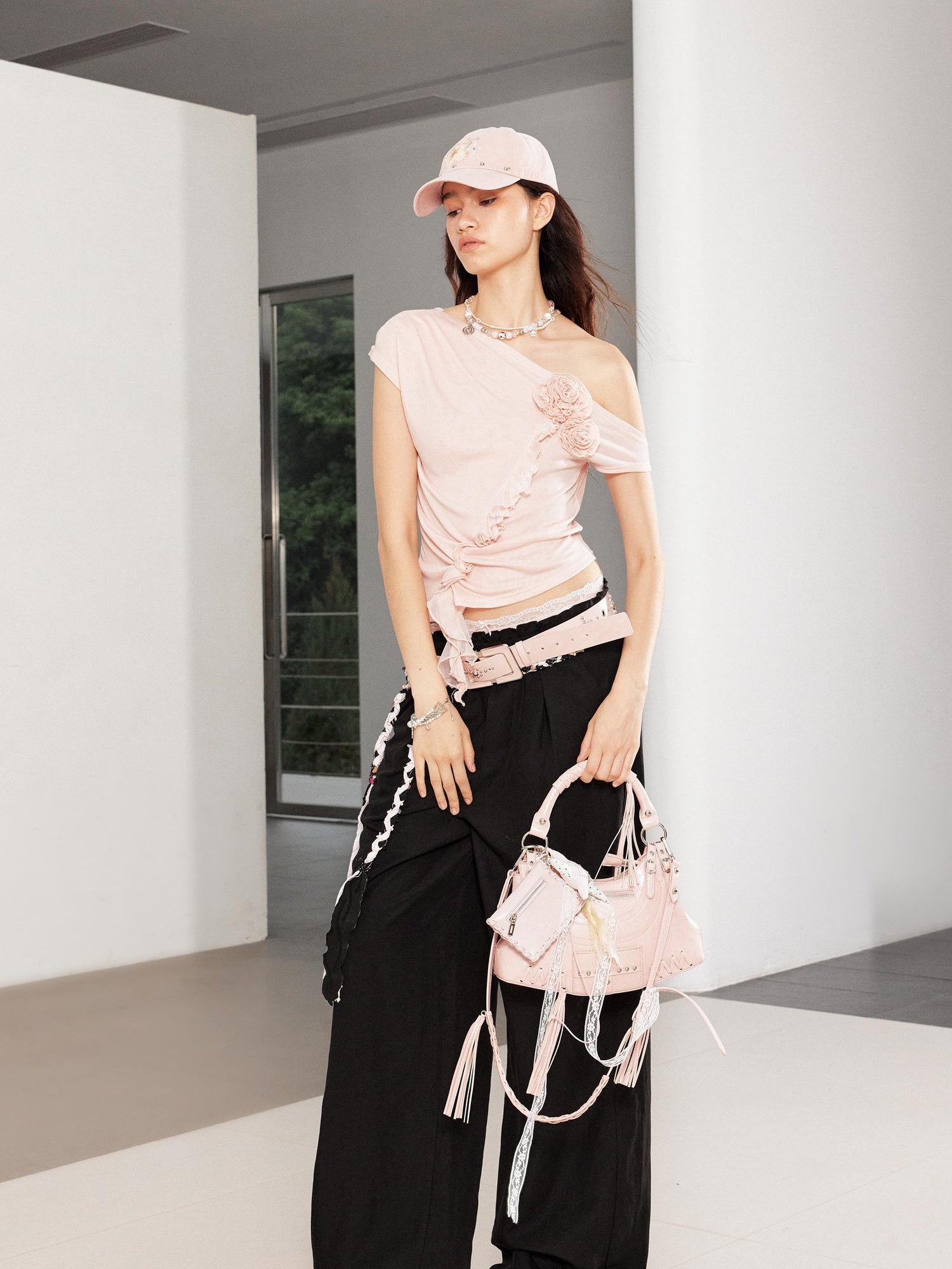 2th Desire Asymmetric Floral Ruffle Sleeveless Back Tie Slim Fit T Shirt