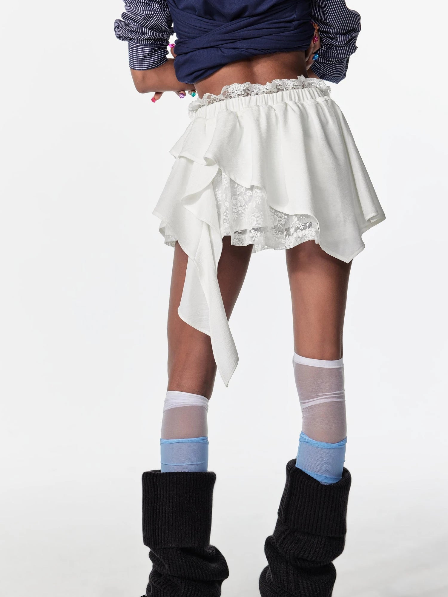 Ballet Floral Lace Ruffle Asymmetrical Drawstring Mini Skirt